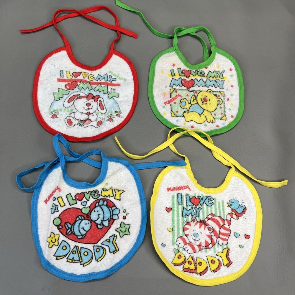 Playskool Baby Bibs for infants I love My Mommy & Daddy Lot of 4 Vintage